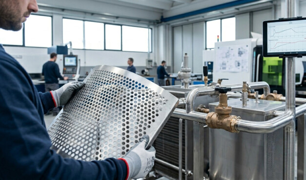 Operaio al lavoro nella produzione lamiere forate